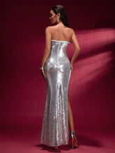 Silver Shiny High-slit Maxi Gown